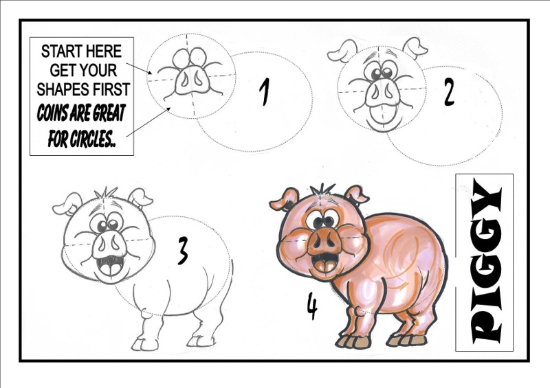 How to draw a cartoon Piggy - classes by Jarla Duffy, Donegal Cartoons, Ireland
